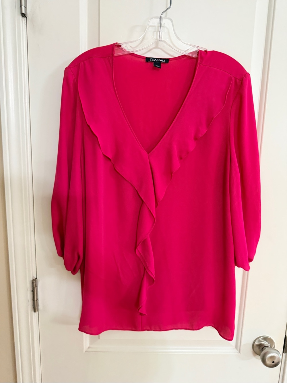 Roz & Ali Hot Pink Ruffle V-Neck Blouse
